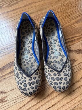 Rothy's Leopard-Print Ballet Flats in Tan and Black with Blue Trim